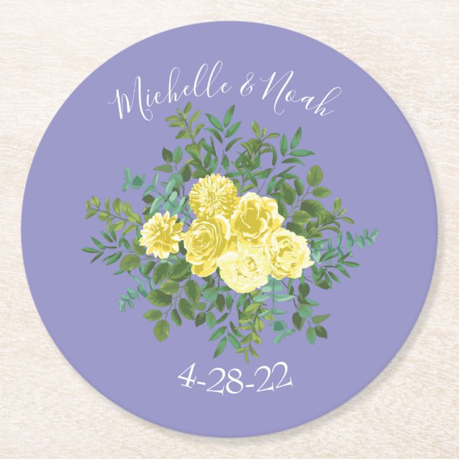 Yellow Rose & Purple Periwinkle Wedding Round Paper Coaster (Front)
