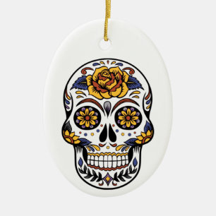 Yellow Rose Sugar Skull Ceramic Ornament