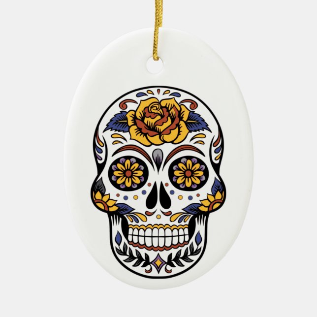 Yellow Rose Sugar Skull Ceramic Ornament (Front)