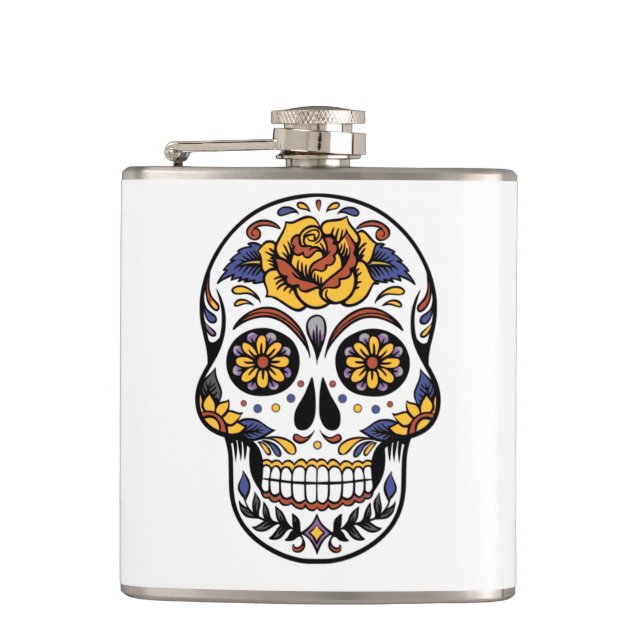 Yellow Rose Sugar Skull Hip Flask (Front)