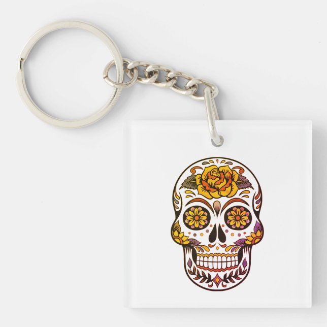 Yellow Rose Sugar Skull Key Ring (Front)