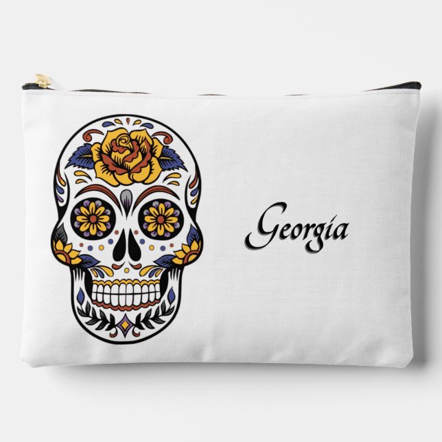 Yellow Rose Sugar Skull Name / Delete Accessory Pouch (Front)