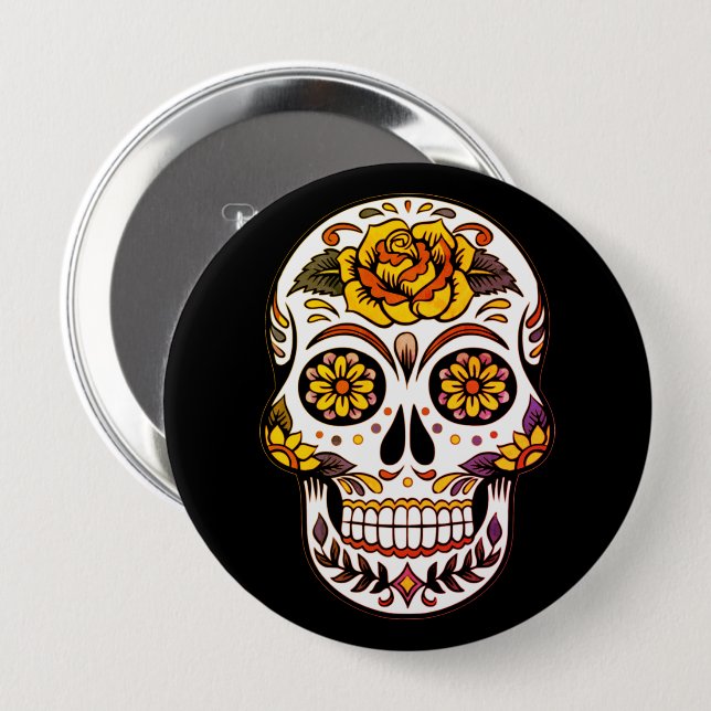 Yellow Rose Sugar Skull on Black 10 Cm Round Badge (Front & Back)