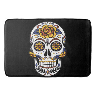 Yellow Rose Sugar Skull on Black Bath Mat