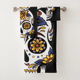 Yellow Rose Sugar Skull on Black Bath Towel Set