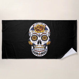 Yellow Rose Sugar Skull on Black Beach Towel