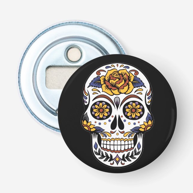 Yellow Rose Sugar Skull on Black Bottle Opener (Front)