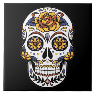 Yellow Rose Sugar Skull on Black Ceramic Tile