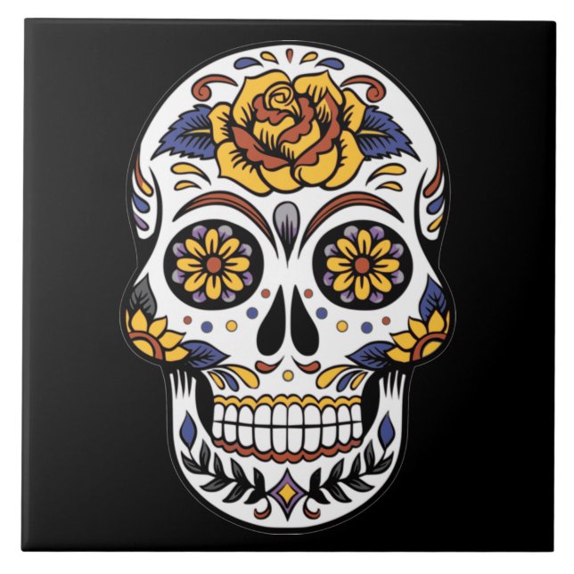 Yellow Rose Sugar Skull on Black Ceramic Tile (Front)