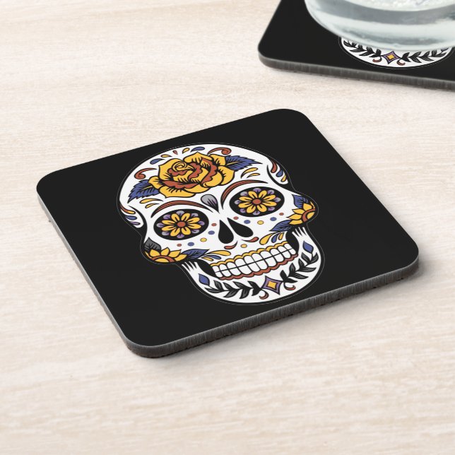 Yellow Rose Sugar Skull on Black Coaster (Left Side)
