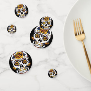 Yellow Rose Sugar Skull on Black Confetti