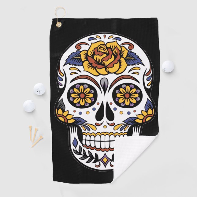 Yellow Rose Sugar Skull on Black Golf Towel (InSitu)