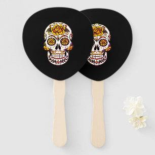 Yellow Rose Sugar Skull on Black Hand Fan
