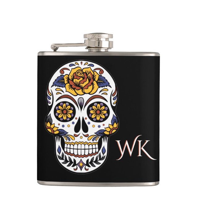 Yellow Rose Sugar Skull on Black Hip Flask (Front)