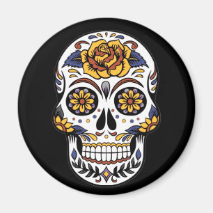 Yellow Rose Sugar Skull on Black Magnet