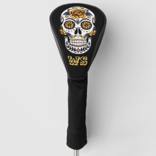 Yellow Rose Sugar Skull on Black Monogram Golf Head Cover
