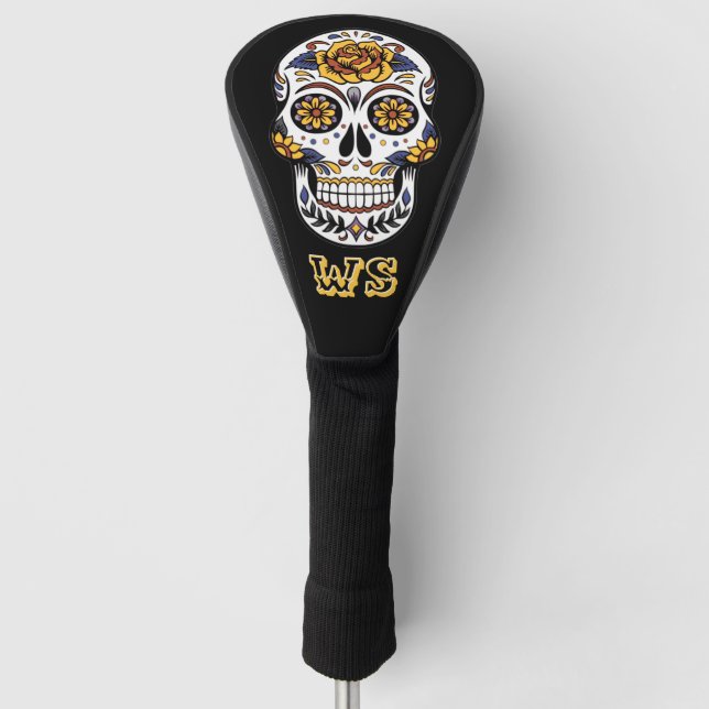 Yellow Rose Sugar Skull on Black Monogram Golf Head Cover (Front)