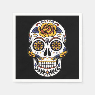Yellow Rose Sugar Skull on Black Napkin