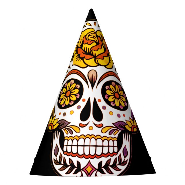 Yellow Rose Sugar Skull on Black Party Hat (Front)