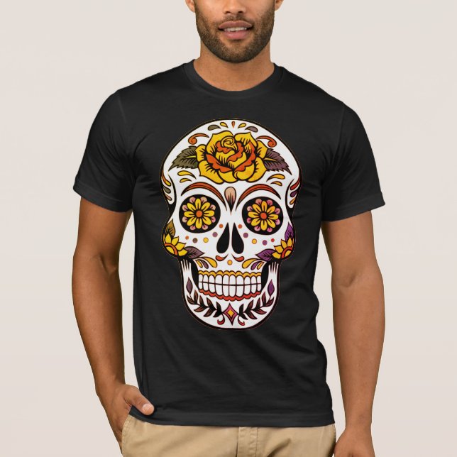 Yellow Rose Sugar Skull on Black T-Shirt (Front)