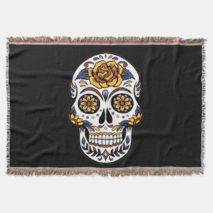 Yellow Rose Sugar Skull on Black Throw Blanket