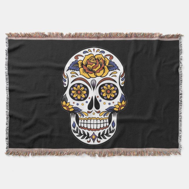 Yellow Rose Sugar Skull on Black Throw Blanket (Front)