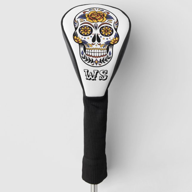Yellow Rose Sugar Skull on White Monogram   Golf Head Cover (Front)