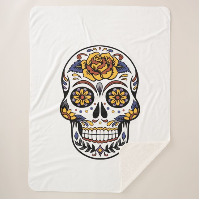 Yellow Rose Sugar Skull Sherpa Blanket (Front)