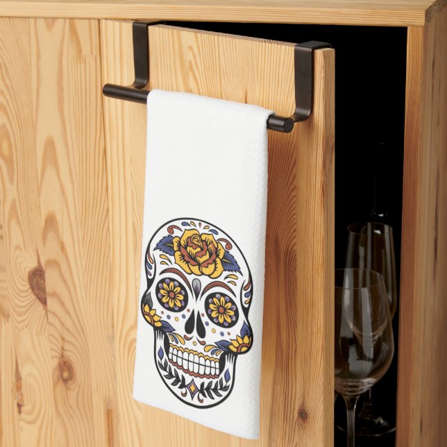 Yellow Rose Sugar Skull Tea Towel (Thirds Fold)
