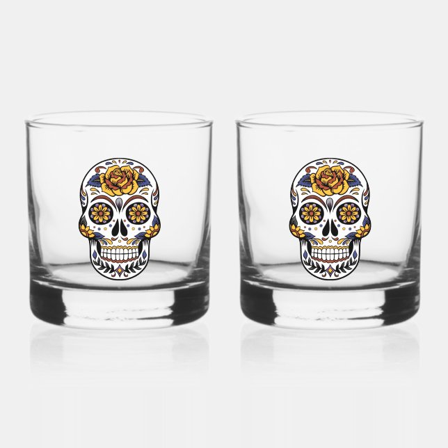 Yellow Rose Sugar Skull Whiskey Glass (Front)