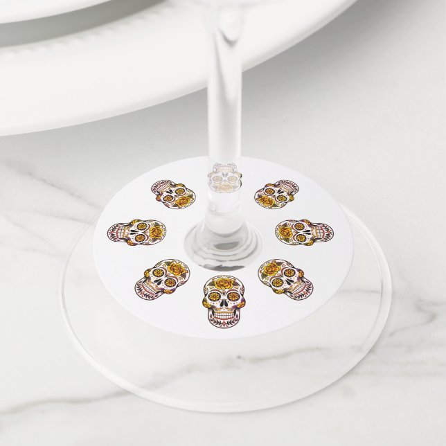 Yellow Rose Sugar Skull Wine Glass Tag (Close Up)