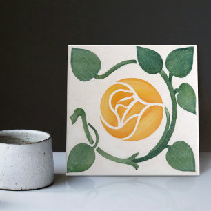 Yellow Rose Symmetric Art Deco Ceramic Tile