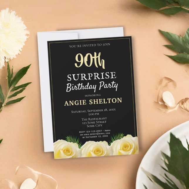 Yellow Rose Tropical 90th Surprise Birthday Party Invitation (Creator Uploaded)