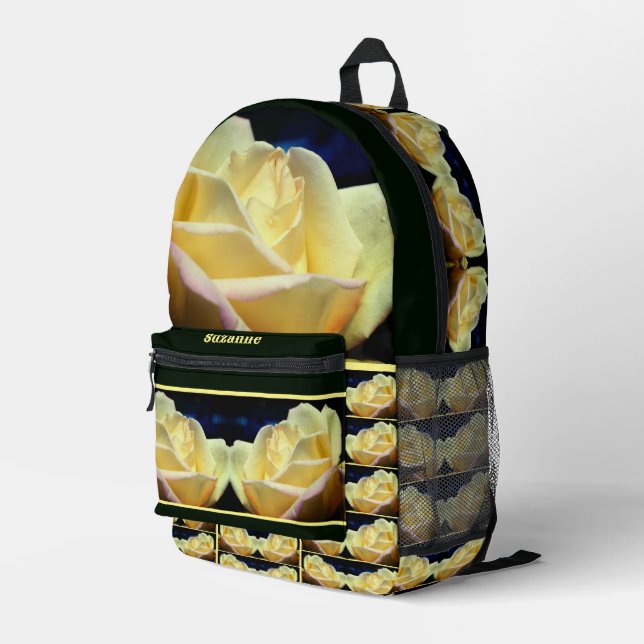 Yellow Rosebud Flower Personalised Printed Backpack (Back Corner Right)