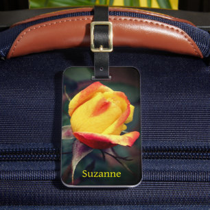 Yellow Rosebud With Red Highlights Personalised Luggage Tag