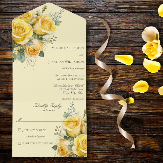 Yellow Roses All in One Wedding Invite (Also available with QR code. )