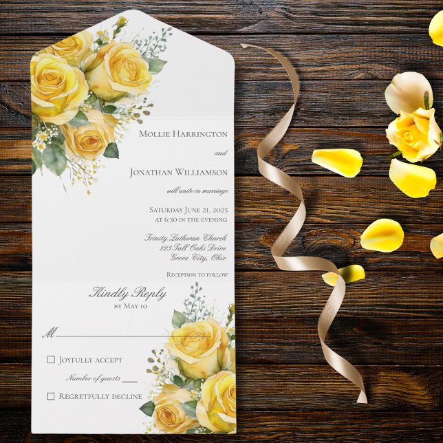 Yellow Roses All in One Wedding Invite (Also available with QR code. )