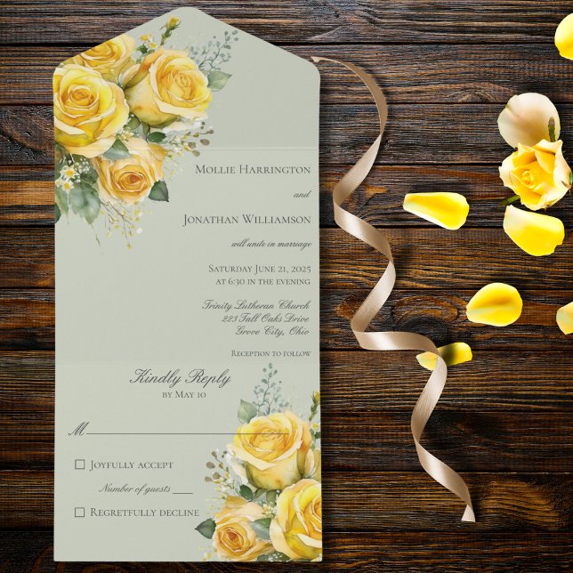Yellow Roses All in One Wedding Invite (Also available with QR code. )