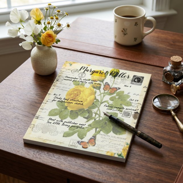 Yellow roses and butterflies personalised notepad (Creator Uploaded)