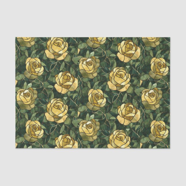 Yellow Roses and Green Stained Glass Effect Tissue Paper (Front)