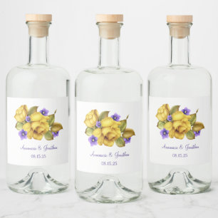Yellow Roses and Purple Violets Wedding Favour Liquor Bottle Label