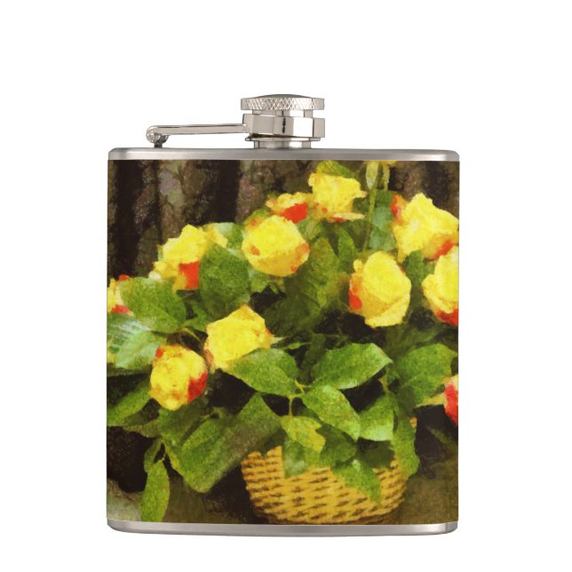Yellow roses basket painting hip flask (Front)