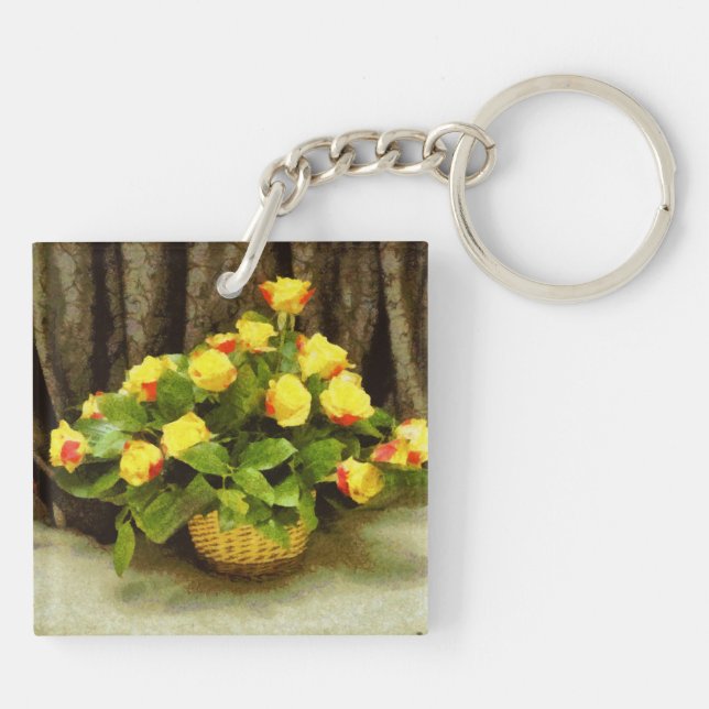 Yellow roses basket painting key ring (Back)