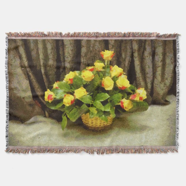 Yellow roses basket painting throw blanket (Front)
