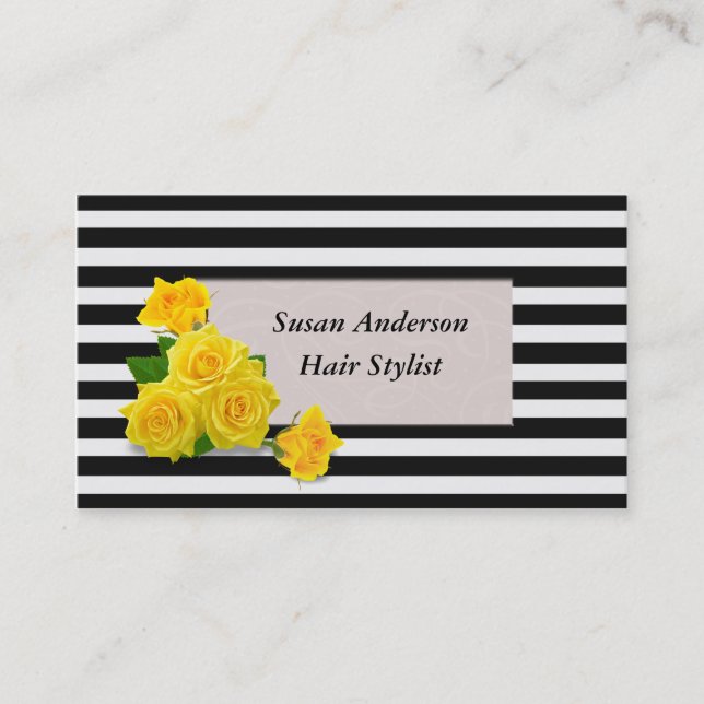 Yellow Roses Black and White Stripes Hair Stylist Business Card (Front)