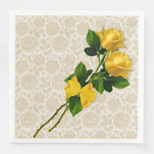 Yellow Roses Bow Ivory Lace on White Paper Napkins