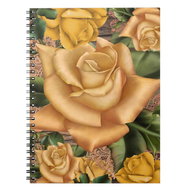 Yellow Roses & Country Rustic Wood Shabby Chic Notebook (Front)