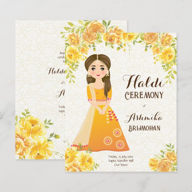 Yellow roses cute girl Budget Haldi Invitation (Front/Back)