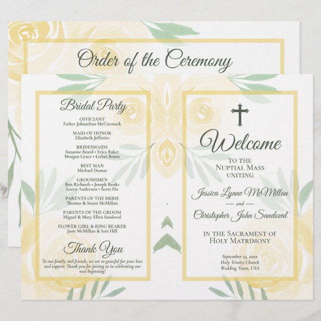 Yellow Roses DIY Fold Catholic Wedding Program (Front/Back)