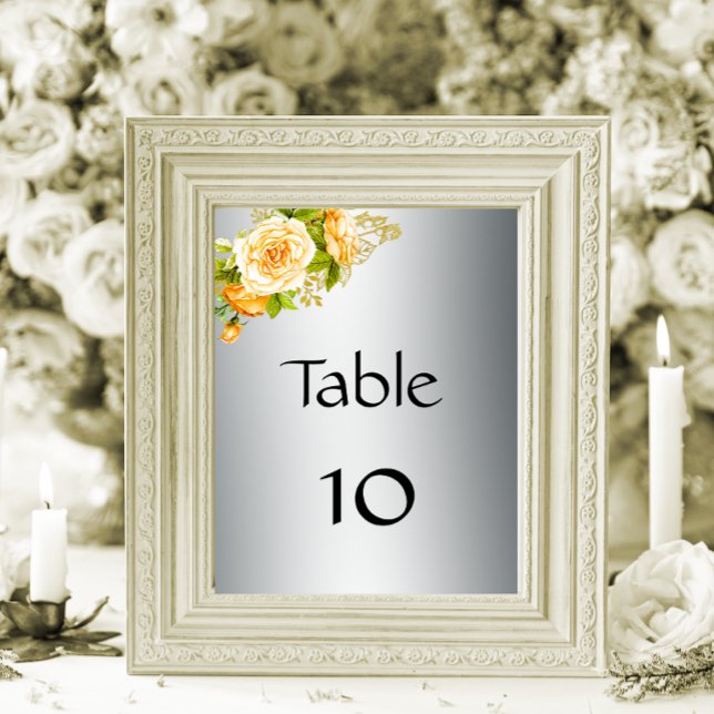 Yellow Roses Elegant Silver Wedding Table Number (Creator Uploaded)